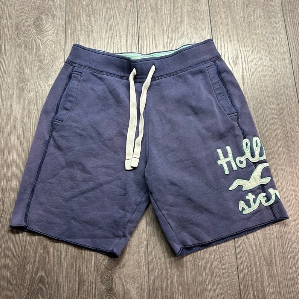 Hollister Womens Y2K Sweat Shorts Small 30" Navy Blue Logo Raw Hem Fleece Surf